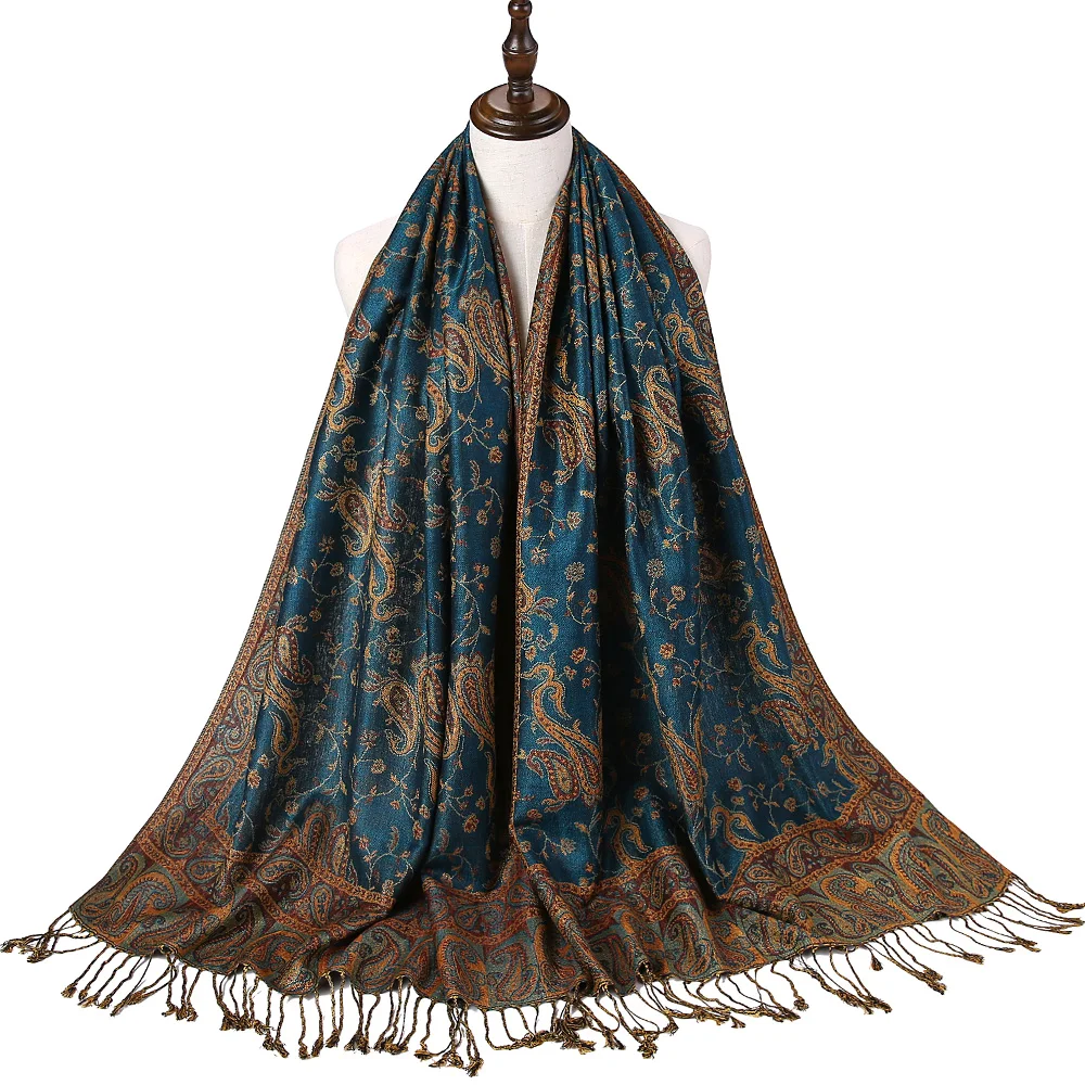 

Pashmina Silk Scarf Shawl Wrap Paisley Jacquard Flowers Borders Rave 2 Layers Reversible Classic Tassels For Women 70X180cm