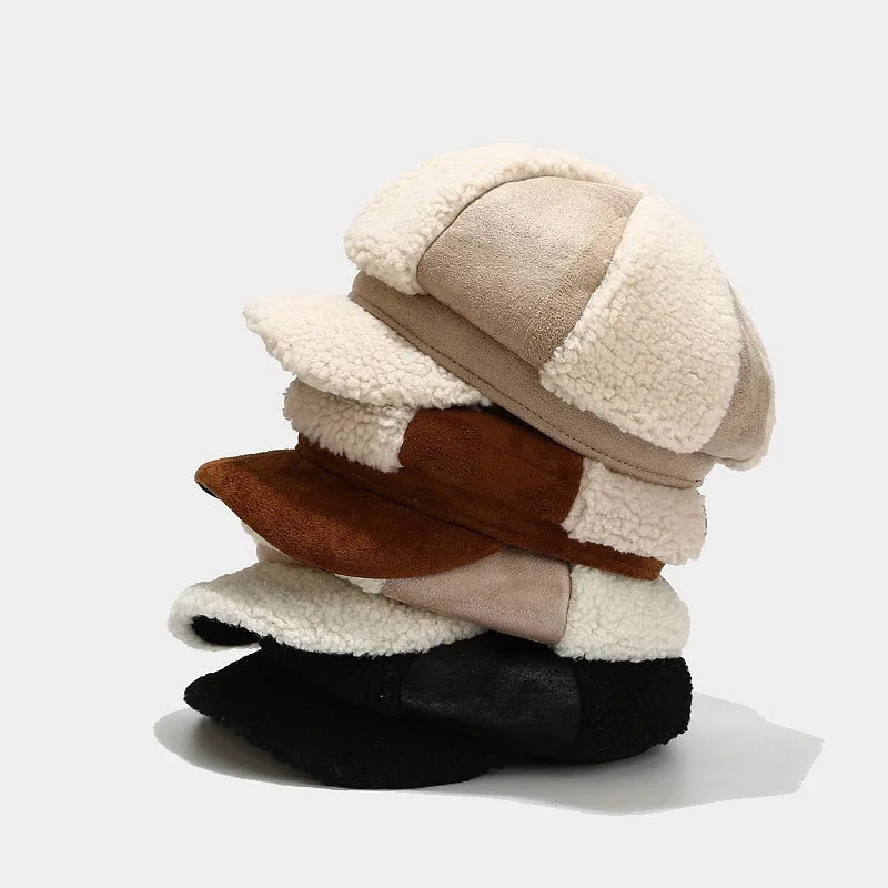 

Autumn Winter Octagonal Hat Women Faux Lambswool Newsboy Cap Lady Patchwork Visor Beret Hat Vintage Cabbie Painter Paperboy Cap