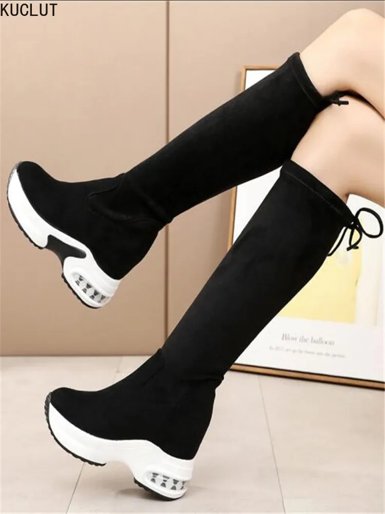 Winter Warm Chunky Platform Long Boots Women Fashion Lace Up Flock Knee High Boots Woman Height Increasing Elastic Boots Black
Winter Warm Chunky Platform Long Boots Women Fashion Lace Up Flock Knee High Boots Woman Height Increasing Elastic Boots Black