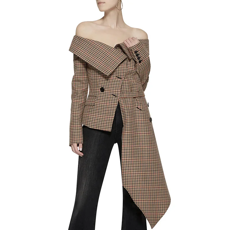 New popular small lady s suit women vogue of new fund of autumn plaid off the shoulder irregular hem coat 
New popular small lady s suit women vogue of new fund of autumn plaid off the shoulder irregular hem coat