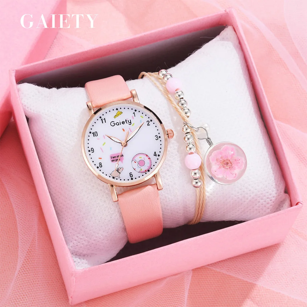 

Gaiety Brand 2pcs Set Bracelet Watch For Women Unique Cartoon Pattern Pink Girls Watch Fashion Leather Ladies Clock Reloj Mujer