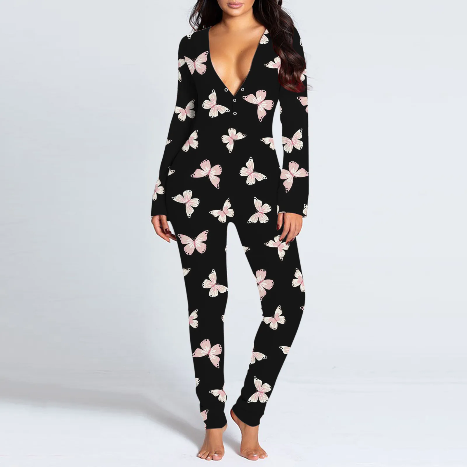 Sexy Jumpsuit Pajamas For Women Button-down Functional Buttoned Flap Butterfly Print pyjama pour femme 2020
Sexy Jumpsuit Pajamas For Women Button-down Functional Buttoned Flap Butterfly Print pyjama pour femme 2020