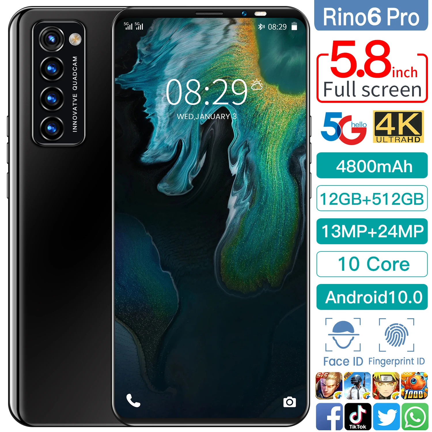 Global Version Smartphone Rino6 Pro 5.8 Inch Full Screen 4800mah Battery Snapdragon 888 12GB 512GB 13MP 24MP Camera Face ID
Global Version Smartphone Rino6 Pro 5.8 Inch Full Screen 4800mah Battery Snapdragon 888 12GB 512GB 13MP 24MP Camera Face ID