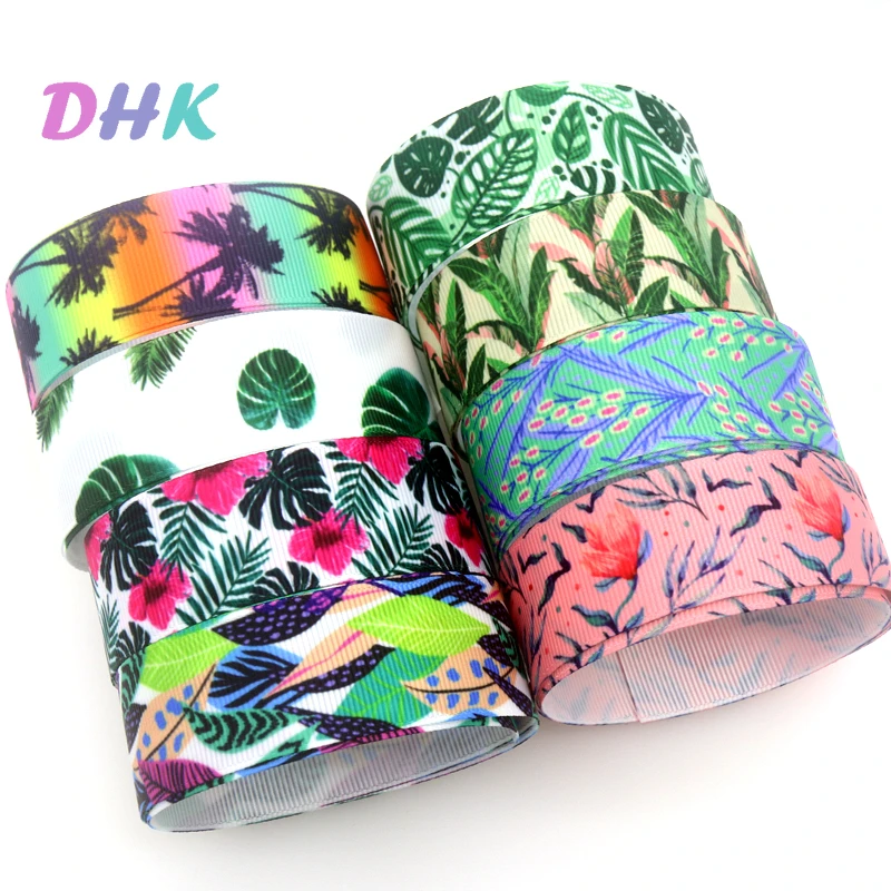 

DHK 50yards Leaf Jungle Coconut Tree Printed Grosgrain Ribbon Accessory Hairbow Headwear Decoration DIY Wholesale Craft S1523