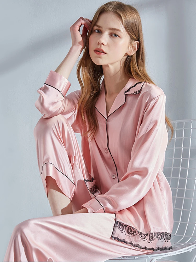 

100%Nature Silk Pajamas Set for Women Sleepwear Black Satin Silk Pijamas Luxury Nightwear PJs Sexy Pink Pyjama Femme Homeclothes