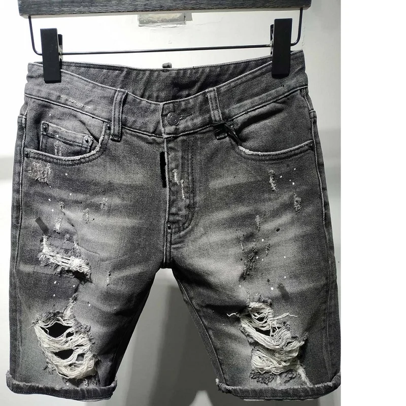 

Мужские облегающие джинсовые шорты dsq, синие джинсовые брюки на молнии с полосками и черными дырками, лето 8164