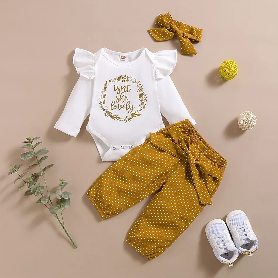 Baby Girls Clothes Infant Autumn Fall Set Cotton Letter Romper Dot Print Bow Pants Headband Spring Outfits Suit 3Pcs Newborn
Baby Girls Clothes Infant Autumn Fall Set Cotton Letter Romper Dot Print Bow Pants Headband Spring Outfits Suit 3Pcs Newborn