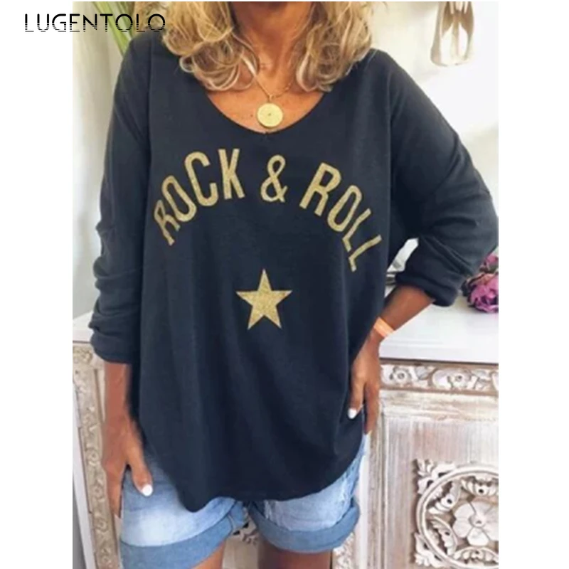 Large Size T-shirt Long Sleeve Casual V-neck Tops Spring Summer Long Sleeve Fashion Rock Roll Letter Print T-shirts Lugentolo 
Large Size T-shirt Long Sleeve Casual V-neck Tops Spring Summer Long Sleeve Fashion Rock Roll Letter Print T-shirts Lugentolo