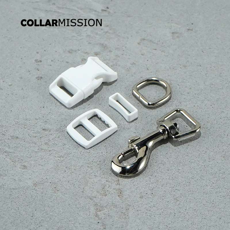 (plastic buckle+Tri-Glid+square keeper+D ring+metal dog clasp/set)High quality white 15mm DIY dog collar accessories
(plastic buckle+Tri-Glid+square keeper+D ring+metal dog clasp/set)High quality white 15mm DIY dog collar accessories
