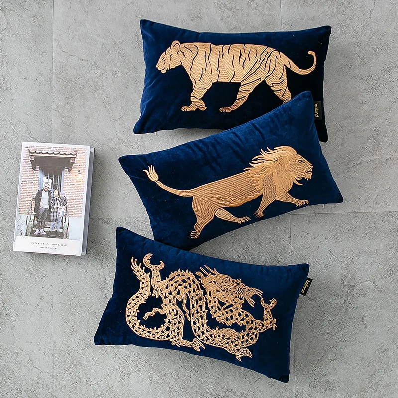 

Modern Artistic Luxury Blue Velvet Tiger Lion Dragon Lumbar pillow Embroidery Cushion Cover Decorative Pillow Case Sofa Chair