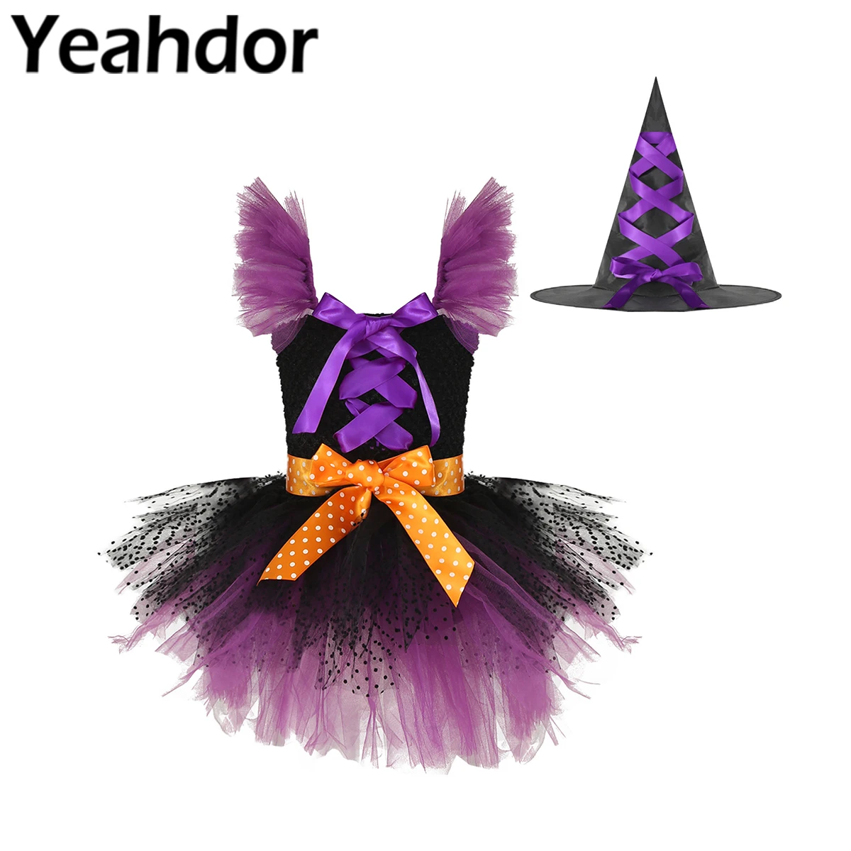 

2Pcs Kids Girls Dresses Halloween Witch Cosplay Costume Straps Lace Up Ruched Bodice Mesh Tutu Belt Dress with Pointed Hat Set