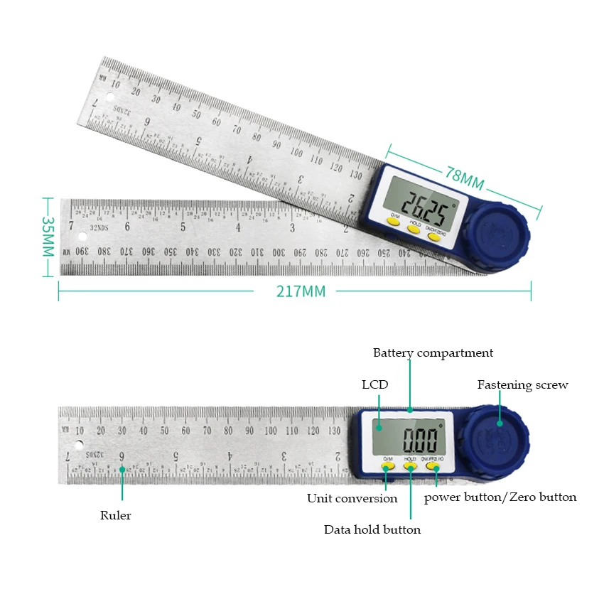 Digital Angle Ruler 0-200mm Stainless Steel Electronic Protractor Inclinometer Goniometer High Precision Angle Measuring Ruler
Digital Angle Ruler 0-200mm Stainless Steel Electronic Protractor Inclinometer Goniometer High Precision Angle Measuring Ruler