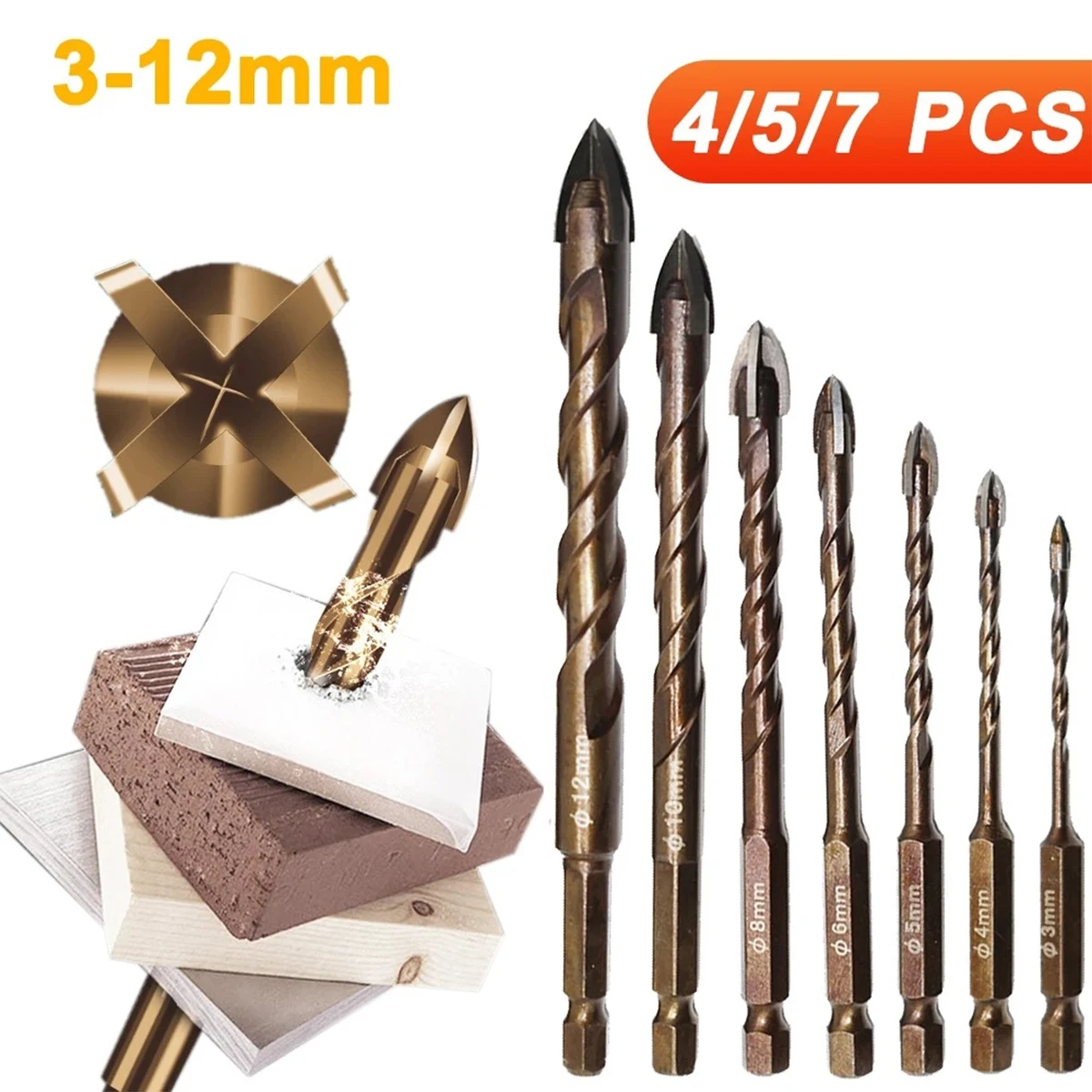4/5/7pcs Hex Shank Cross Drill Bit 3/4/5/6/8/10/12mm Twist Drill Bit Cemented Carbide Masonry Drill Bit woodworking Tool
4/5/7pcs Hex Shank Cross Drill Bit 3/4/5/6/8/10/12mm Twist Drill Bit Cemented Carbide Masonry Drill Bit woodworking Tool