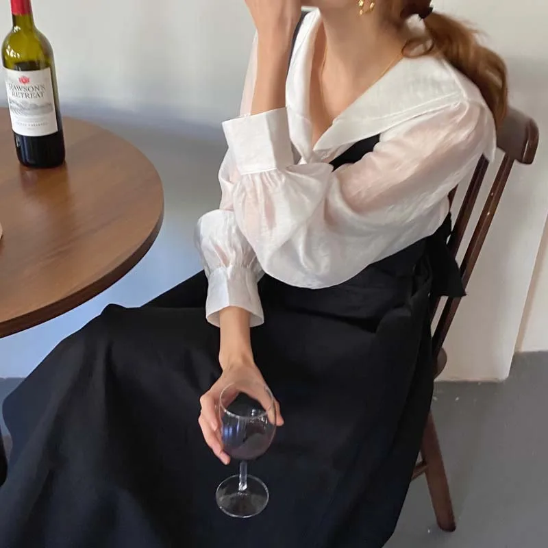 2021 New Women Spring Korean Elegant Long Sleeve Blouses Shirt + French Chic V-Neck Spaghetti Stap Dress Autumn Two-Piece Dress
2021 New Women Spring Korean Elegant Long Sleeve Blouses Shirt + French Chic V-Neck Spaghetti Stap Dress Autumn Two-Piece Dress