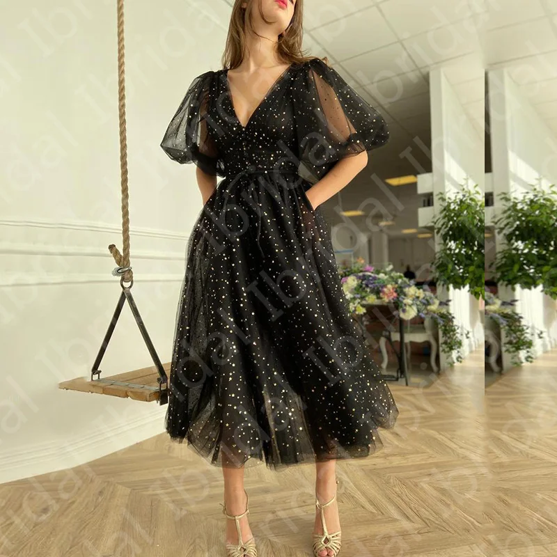 Gorgeous Short Black Prom Party Dresses Mid Calf Length Sequined Wedding Guest Gowns Sparkling V Neckline Party Gown Half Sleeve
Gorgeous Short Black Prom Party Dresses Mid Calf Length Sequined Wedding Guest Gowns Sparkling V Neckline Party Gown Half Sleeve