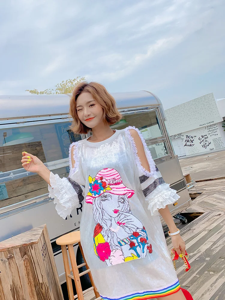 Tide brand dress cartoon sequins sparkling short-sleeved strapless sexy dress female loose large size mid-length dress summer
Tide brand dress cartoon sequins sparkling short-sleeved strapless sexy dress female loose large size mid-length dress summer