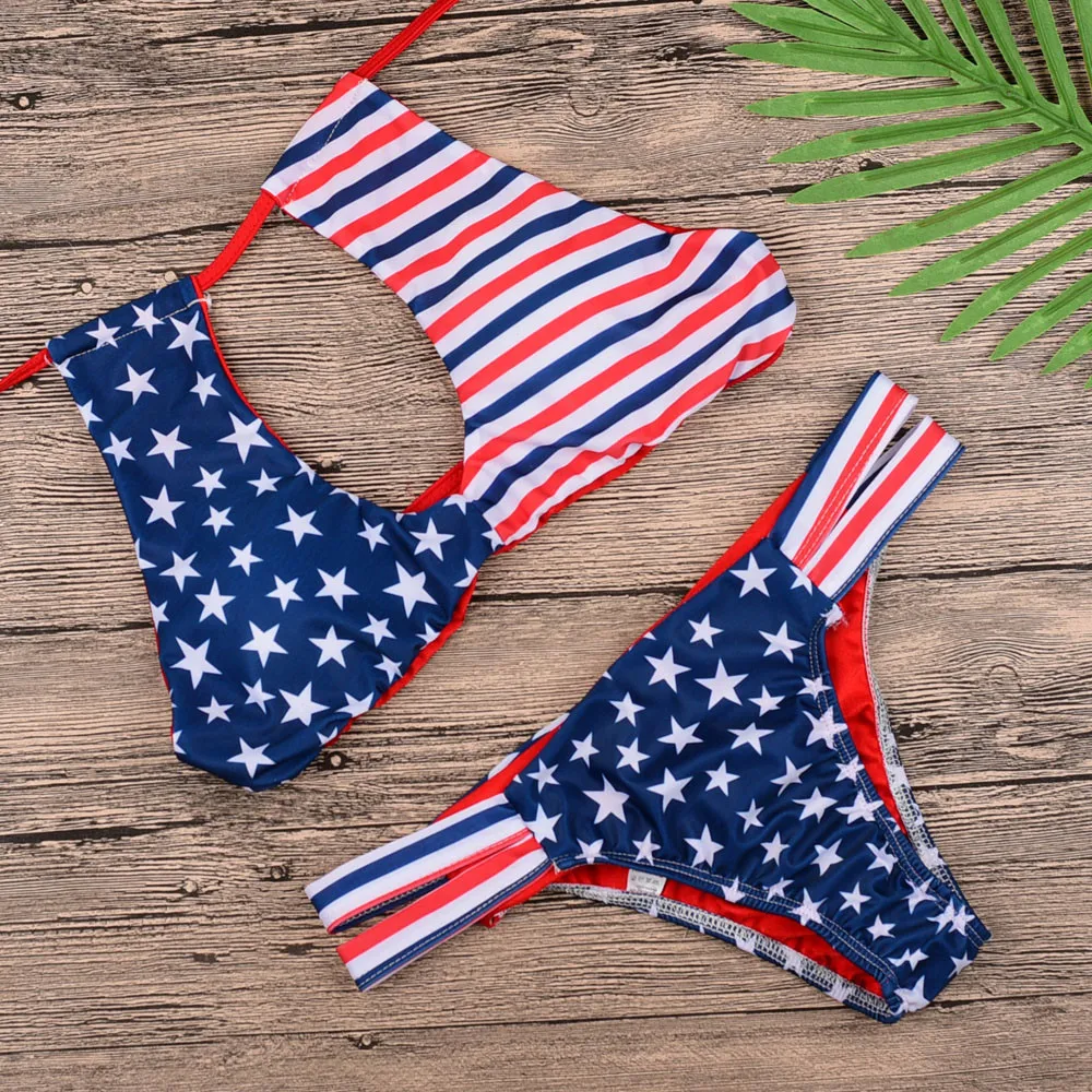 American Flag Bikini 2019 High Waist Push-up Padded Bra Bandage Set Swimsuit For Women Backless Sexy Biquini | Женская одежда