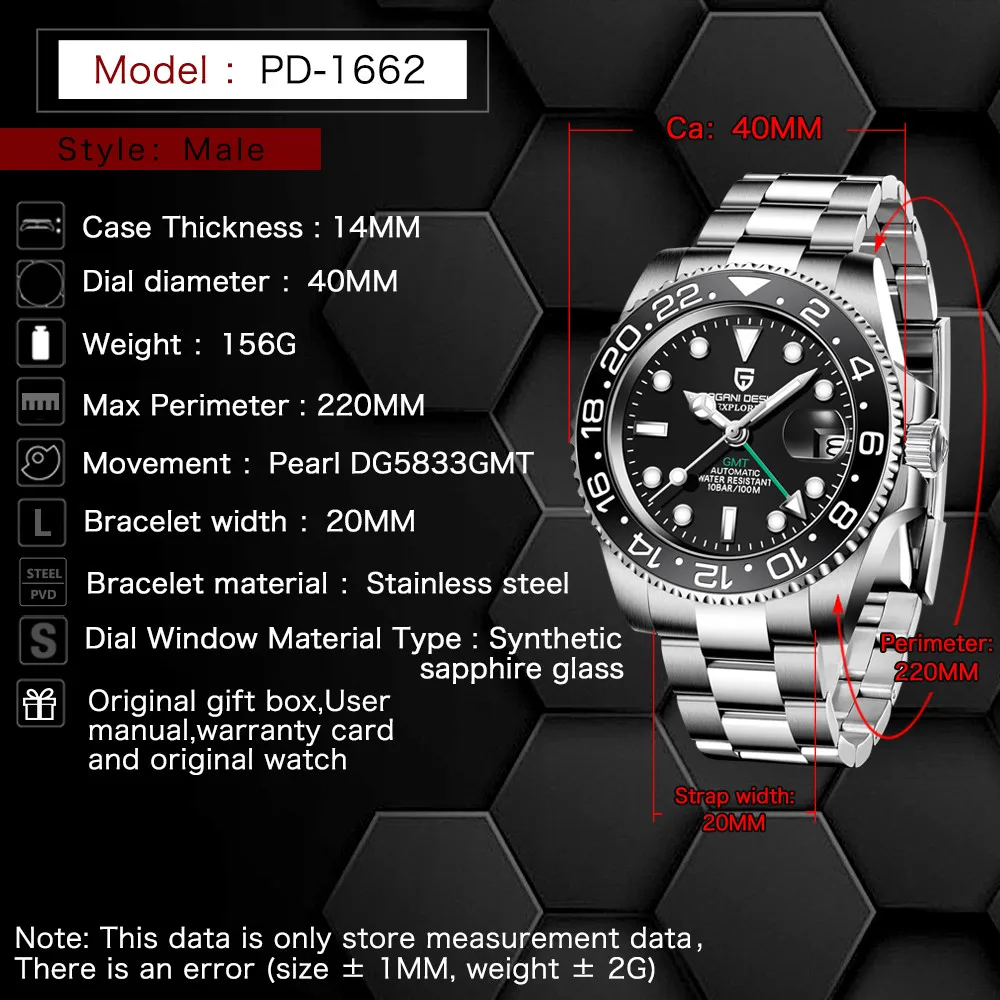 PAGANI DESIGN Men Stainless Steel Watch Sapphire Crystal Ceramic bezel GMT Automatic Mens Watches Luxury Mechanical Wristwatch | Наручные