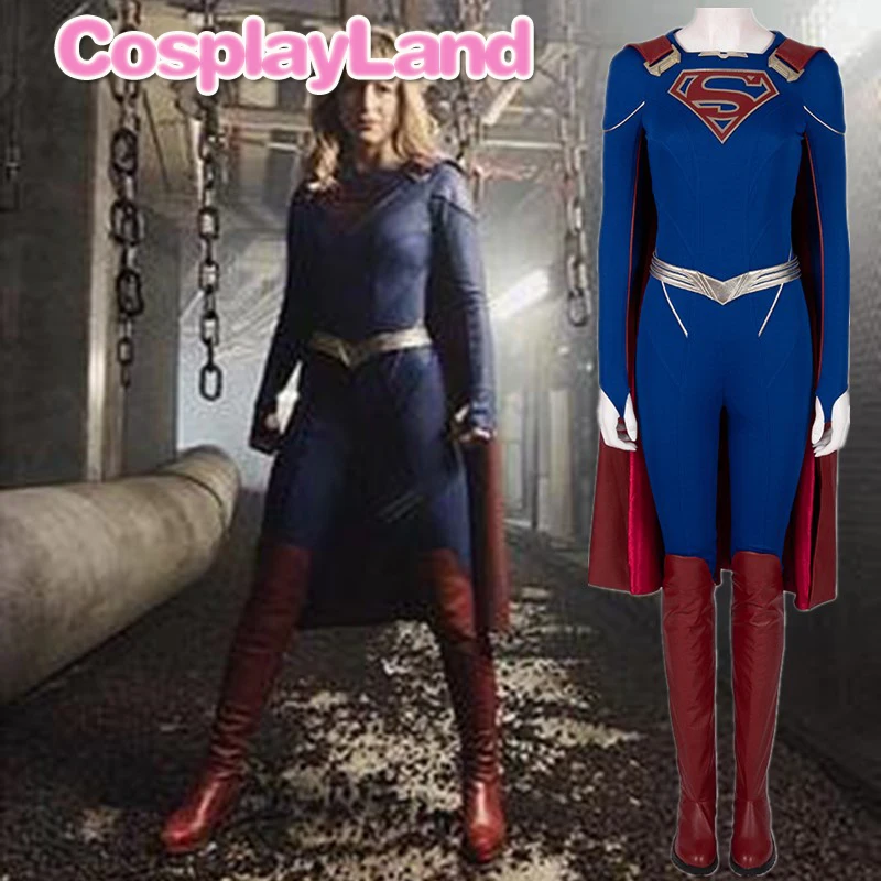 

Supergirl Cosplay Costume Adults Cosplay for Women Leather Suit Sexy Jumpsuit Custom Made with Boots Cloak Halloween Party