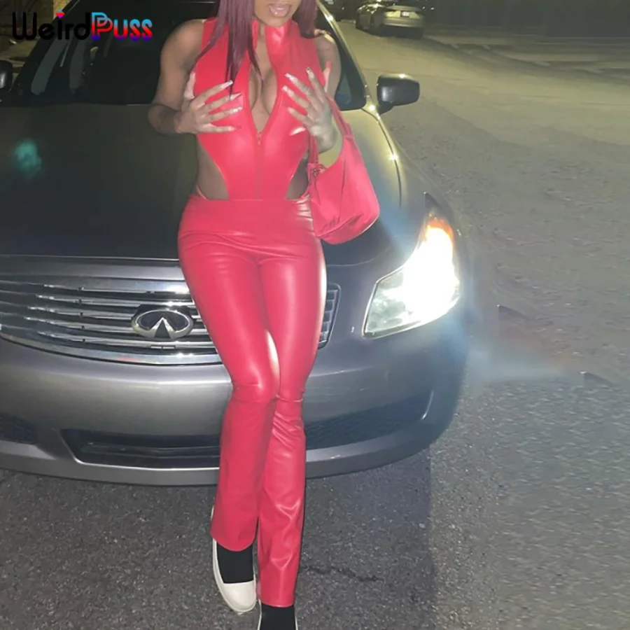 Weird Puss Hollow Faux Leather Jumpsuit Zipper Waistless Sleeveless Turtleneck Skinny Elastic Activewear Fitness Party Bodycon
Weird Puss Hollow Faux Leather Jumpsuit Zipper Waistless Sleeveless Turtleneck Skinny Elastic Activewear Fitness Party Bodycon