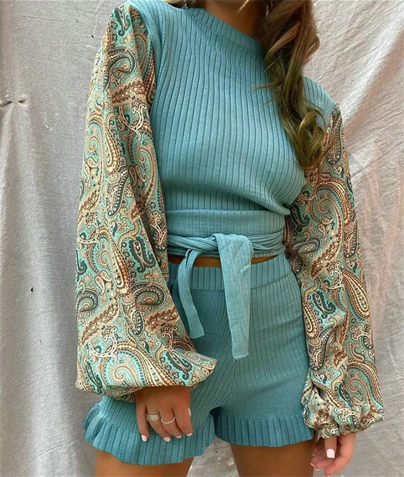 Women 2 Piece Suit Patchwork Design Belt Ruffles Decor O-Neck Long Sleeve Print TOP+Elastic High Waist Shorts Women Suit
Women 2 Piece Suit Patchwork Design Belt Ruffles Decor O-Neck Long Sleeve Print TOP+Elastic High Waist Shorts Women Suit