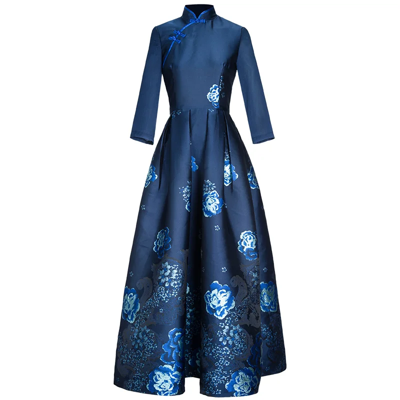 Women Long 4XL Dress New Brand Chinese Style Vintage Dark Blue Jacquard Print Floral 3/4 Sleeve Elegant Ball Gown Dress Events
Women Long 4XL Dress New Brand Chinese Style Vintage Dark Blue Jacquard Print Floral 3/4 Sleeve Elegant Ball Gown Dress Events