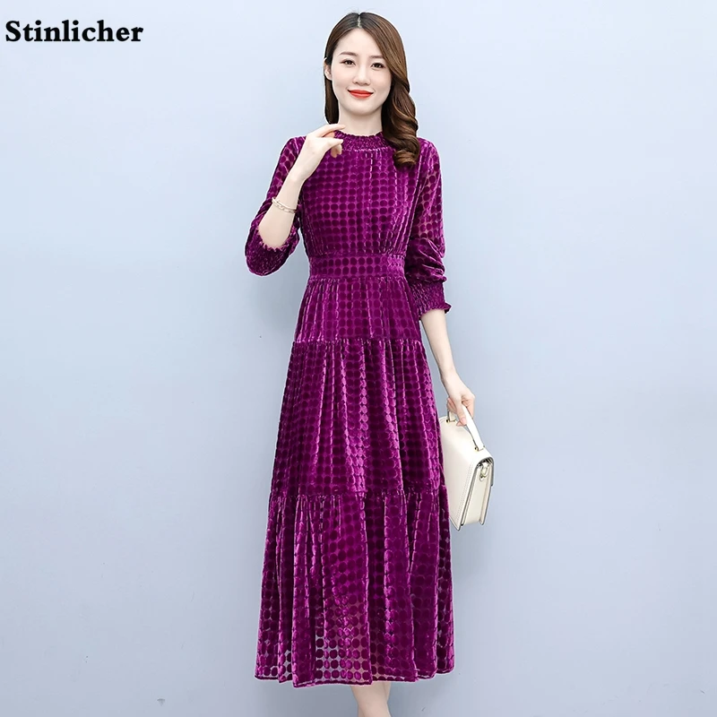 Fashion Purple Polka Dot Plaid Velvet Dress Women Spring Autumn Long Maxi Party Dress Ladies Elegant Robe Female Vestidos
Fashion Purple Polka Dot Plaid Velvet Dress Women Spring Autumn Long Maxi Party Dress Ladies Elegant Robe Female Vestidos
