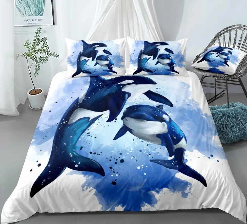 

Killer Whales Duvet Cover Set Blue Ocean Bedding Kids Boys Girls Watercolor Animal Quilt Cover White Queen Cartoon Dropship