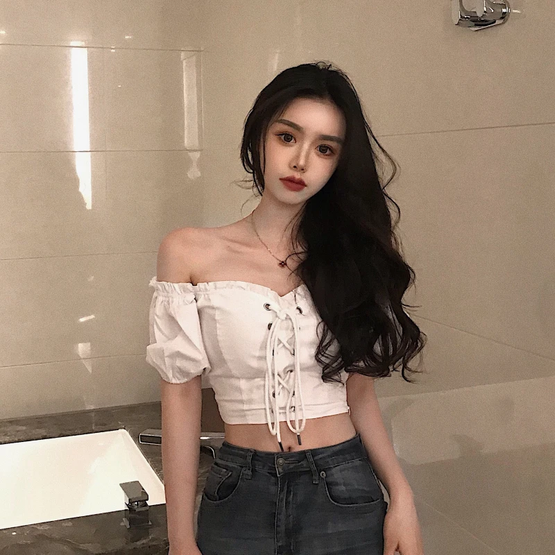 Korean Chic Style Women's Clothing Blouses Sexy Puff Sleeve Shirts Off Shoulder Crop Top Female Bandages Tops Vetement Femme New
Korean Chic Style Women's Clothing Blouses Sexy Puff Sleeve Shirts Off Shoulder Crop Top Female Bandages Tops Vetement Femme New