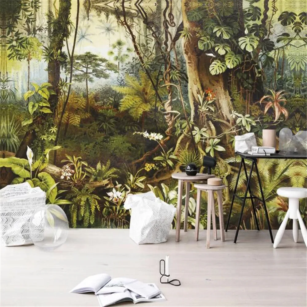 

Milofi customized 3D large wallpaper mural retro modern hand-painted rainforest forest jungle TV bedroom background wall
