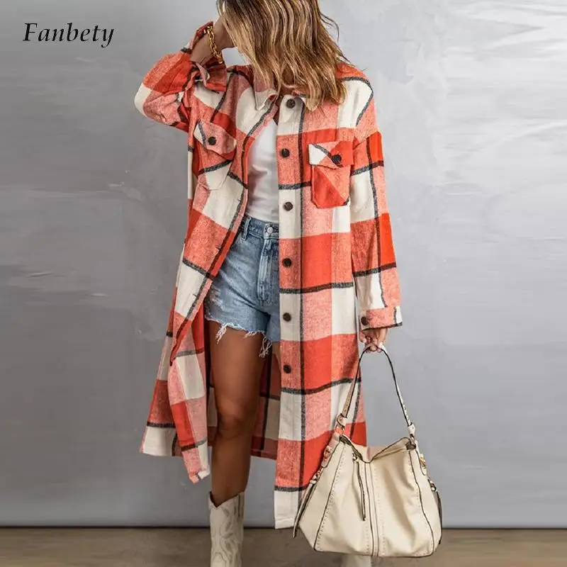 

Fashion Plaid Printed Long Overcoat For Women Elegant Autumn Winter Wool Outerwear Female Vintage Buttoned Turndown Collar Coats