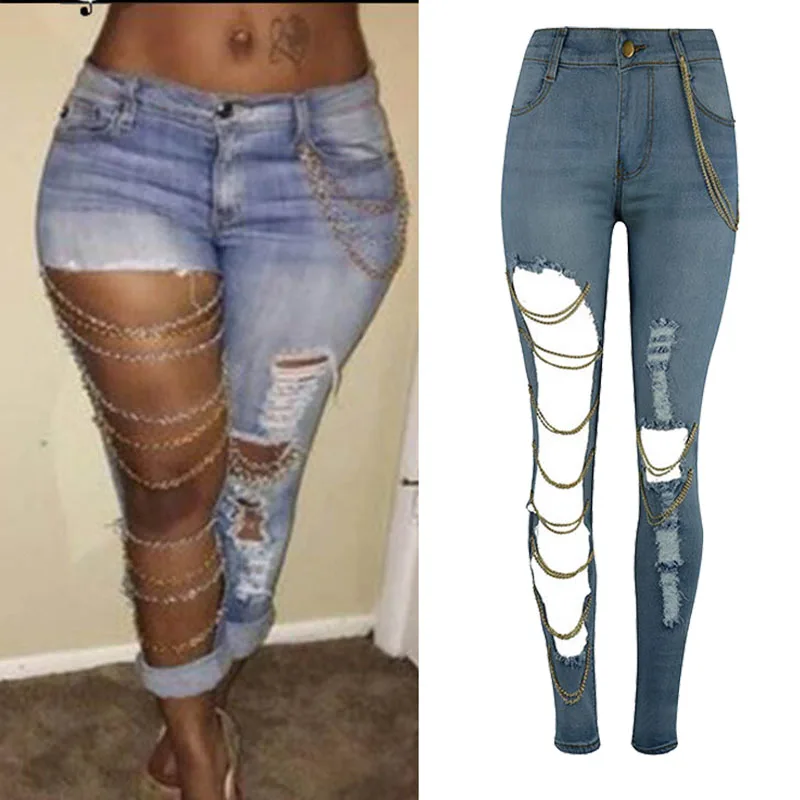 2020 high waist jeans woman Europe and America large holes jeans female chain ornaments stretch cotton small feet pants
2020 high waist jeans woman Europe and America large holes jeans female chain ornaments stretch cotton small feet pants