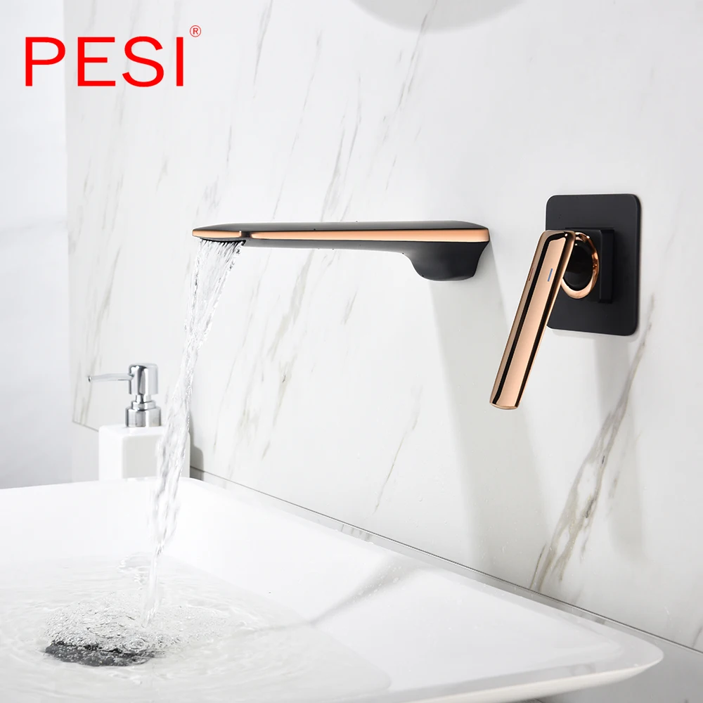 Black and Rose Gold Wall Mounted Bathroom Basin Sink Faucet Waterfall Bathtub Single Handle Solid Brass Hot & Cold Mixer Tap.
Black and Rose Gold Wall Mounted Bathroom Basin Sink Faucet Waterfall Bathtub Single Handle Solid Brass Hot & Cold Mixer Tap.