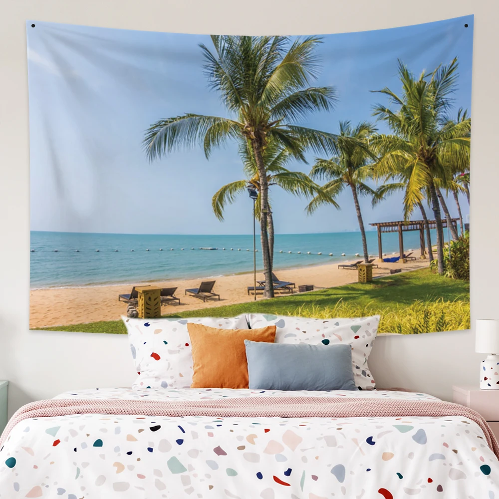 Фото Модный гобелен кассеи освежающий пляжный для отдыха кокосовое голубое небо