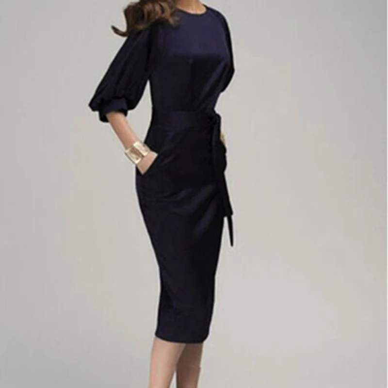 Elegant Women Dress Office Mid-Calf Pencil Dress With Sashes Lantern Sleeve Slim Bodycon Party Dress Vestidos O-neck Comfortable
Elegant Women Dress Office Mid-Calf Pencil Dress With Sashes Lantern Sleeve Slim Bodycon Party Dress Vestidos O-neck Comfortable
