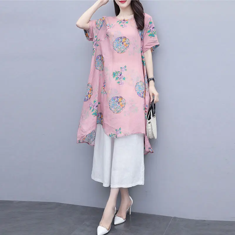 Women 2021 Summer Fashion Two-piece Suits Female O-neck Printed Loose Tops Ladies Solid Color Casual Wide-leg Pants Sets K80 
Women 2021 Summer Fashion Two-piece Suits Female O-neck Printed Loose Tops Ladies Solid Color Casual Wide-leg Pants Sets K80