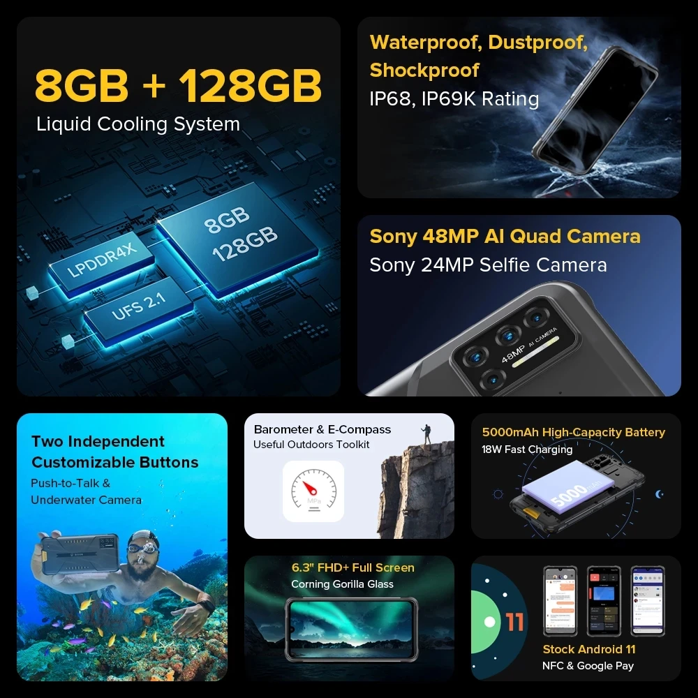 Смартфон UMIDIGI BISON защищенный 8 + 128 ГБ 6 3 дюйма Android 11 5000 мА · ч поддержка 4G OTG NFC Google |