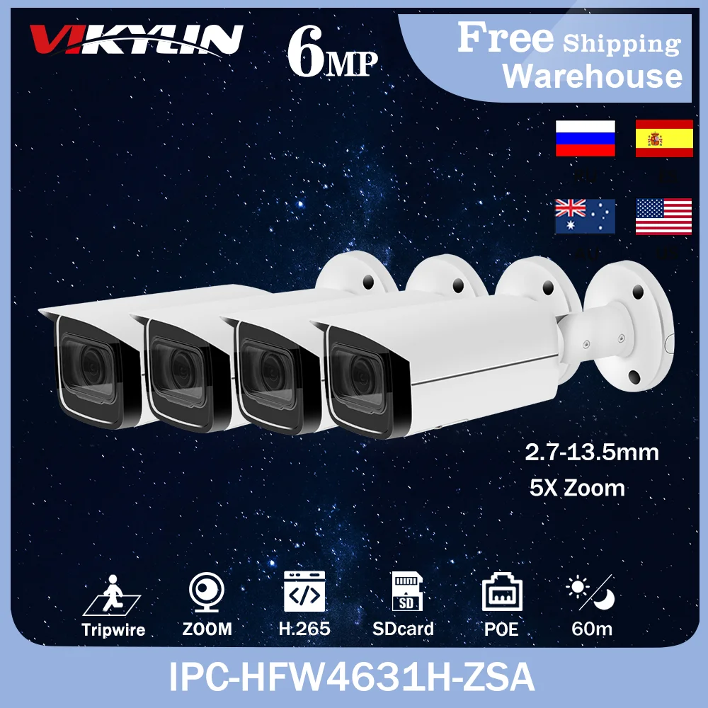 

IP-камера видеонаблюдения VIKYLIN, 6 МП, 2,7-13,5 мм, 5-кратный зум, ИК, 60 м, встроенный микрофон, SD-карта, PoE, IP67, 4 шт.