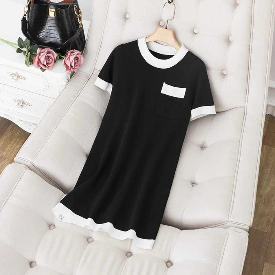 Knitted Loose Dress Women'S Short-Sleeved Color Matching Casual Party Streetwear Dress Female 2020 Summer Fashion New
Knitted Loose Dress Women'S Short-Sleeved Color Matching Casual Party Streetwear Dress Female 2020 Summer Fashion New