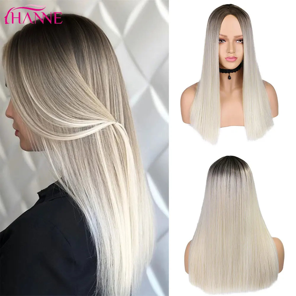 

HANNE Blonde Ombre Color Long Shoulder-Length Straight Wigs Natural Middle Part For Black/White Women Heat Resistant Fiber Hair