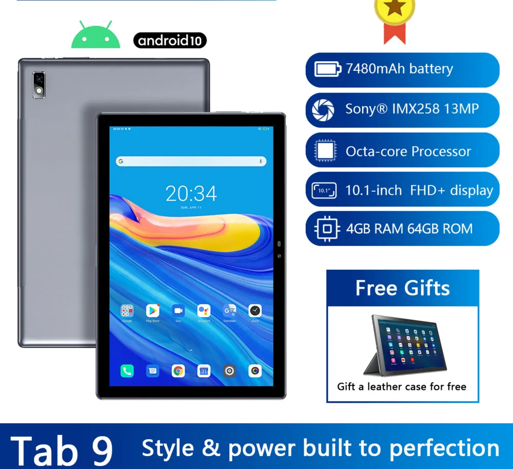 

Планшет tab 9 с 10,1-дюймовым дисплеем, 8-ядерным процессором, ОЗУ 4 Гб, ПЗУ 64 ГБ, 13 МП, 10,1 мАч, Android 101920x1200