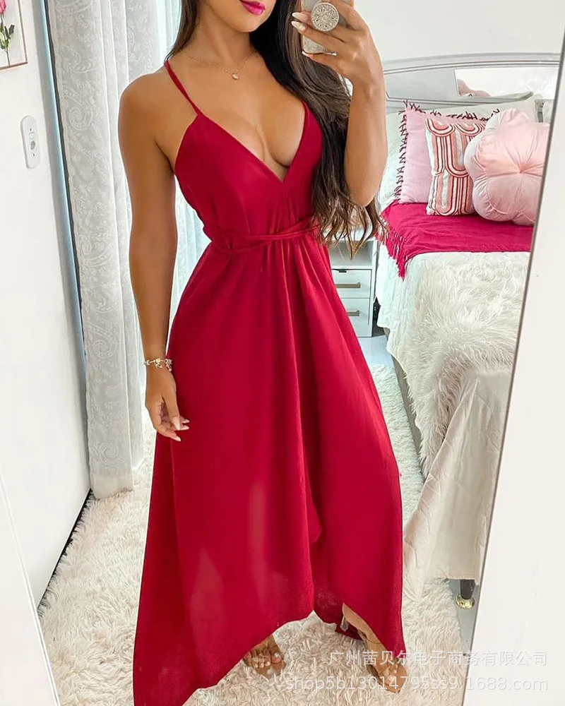 Women Sleeveless V Neck Fashion High Waist New Yellow Strap Irregular Dress Backless Long Dress A Line Solid Color
Women Sleeveless V Neck Fashion High Waist New Yellow Strap Irregular Dress Backless Long Dress A Line Solid Color