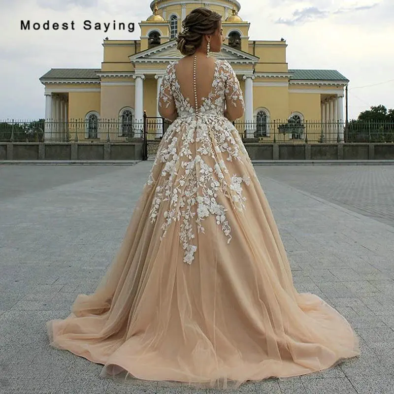 

Sexy Sheer Ivory and Nude Ball Gown Long Sleeves Wedding Dresses 2020 Illusion Buttons Back Formal Lace Bridal Gowns Custom Made