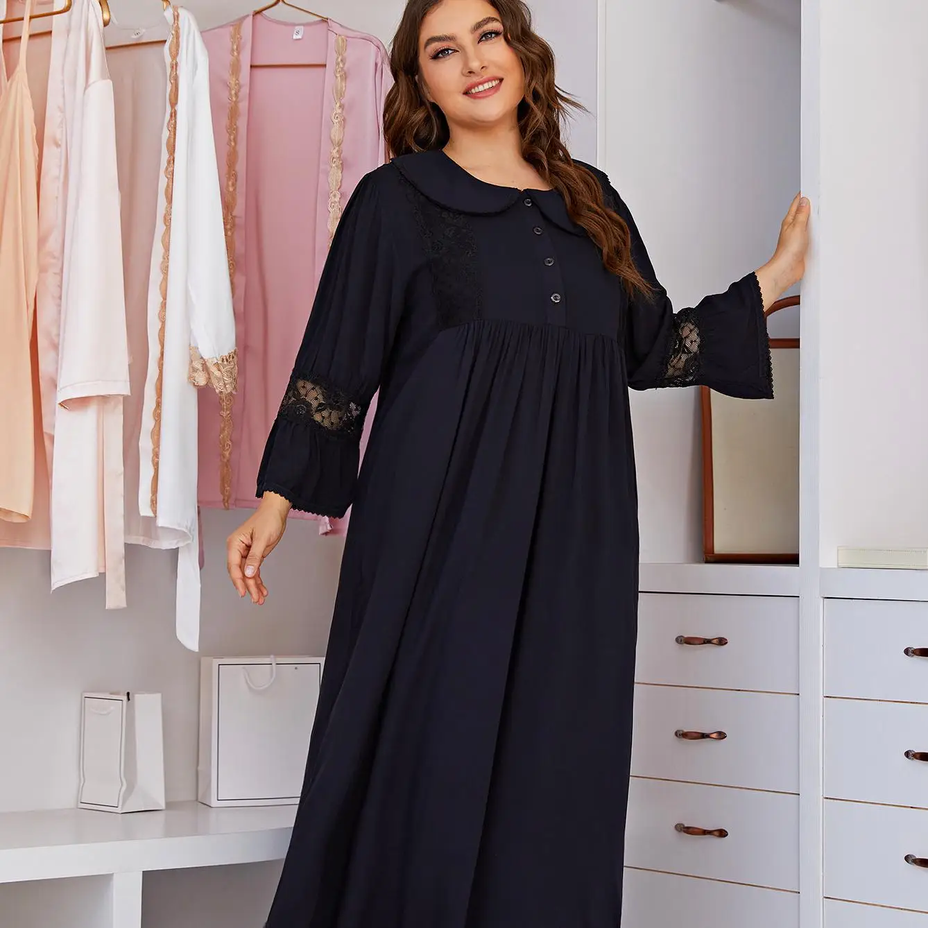 Size Nightgown Black Cotton LACE Patchwork Spring New Long SleevePlus Sleepwear Turn-down Collar Sleepwear Intimate Lingerie
Size Nightgown Black Cotton LACE Patchwork Spring New Long SleevePlus Sleepwear Turn-down Collar Sleepwear Intimate Lingerie