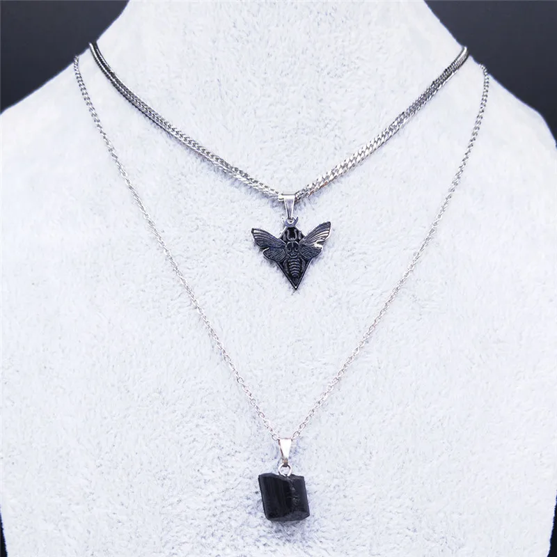 AFAWA Gothic Skull Moth Stainless Steel Layered Necklace Women Black Color Natural Stone Statement Jewelry N3753S02 | Украшения и