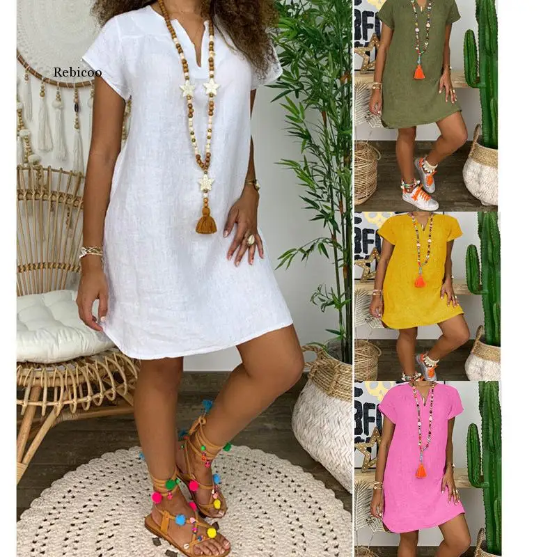 Women Cotton Linen Short Sleeve Dress 2021 Summer V-Neck Solid Color Casual Loose Mini Fashion Streetwear Plus Size 5XL
Women Cotton Linen Short Sleeve Dress 2021 Summer V-Neck Solid Color Casual Loose Mini Fashion Streetwear Plus Size 5XL