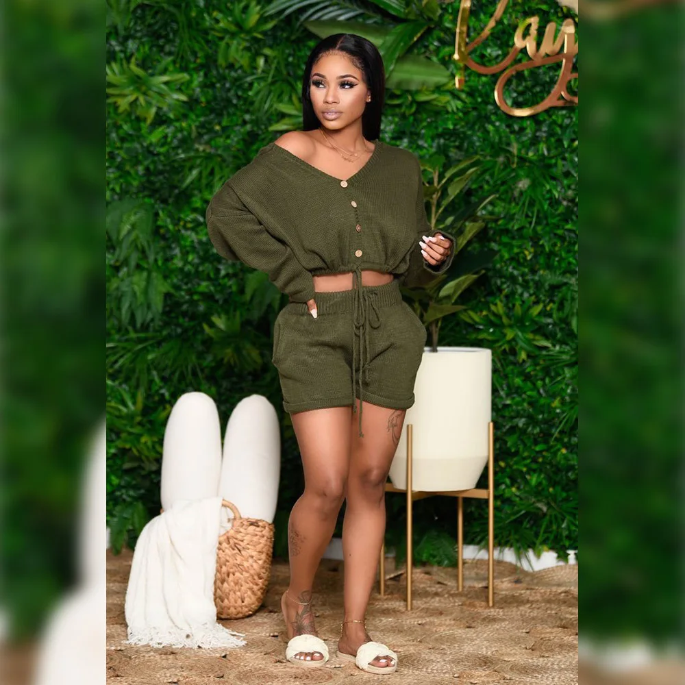 Streetwear Women Solid Knitted Sweater Two Piece Sets Fashion Lady Slash Neck Single-Breasted Lace-Up Tops Mini Shorts Sets 
Streetwear Women Solid Knitted Sweater Two Piece Sets Fashion Lady Slash Neck Single-Breasted Lace-Up Tops Mini Shorts Sets