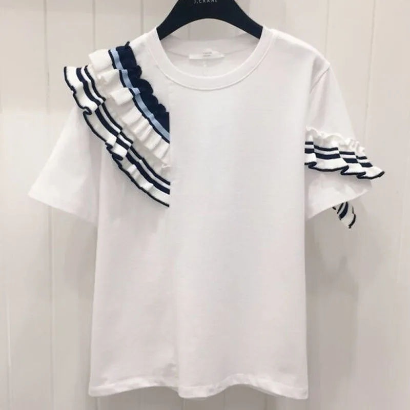 Summer Chic Stitching Wooden Ear Round Neck Short-sleeved T-shirt Women's Casual Wild T-shirt Tide Korean Ruffles Tees Wa396
Summer Chic Stitching Wooden Ear Round Neck Short-sleeved T-shirt Women's Casual Wild T-shirt Tide Korean Ruffles Tees Wa396