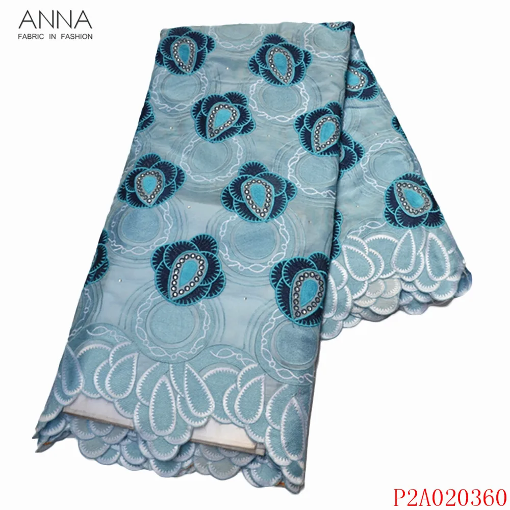 

Anna sky blue swiss lace fabric embroidery with stones 2021 latest african voile lace 100% cotton fabrics 5 yards/pcs for sewing