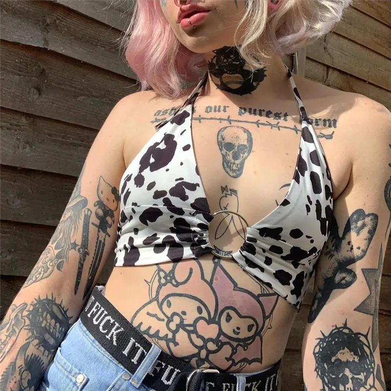 Women Summer Crop Tops Milk Cow Print V-Neck Sleeveless Sling Vest with Metal Ring for Girls Black White 
Women Summer Crop Tops Milk Cow Print V-Neck Sleeveless Sling Vest with Metal Ring for Girls Black White